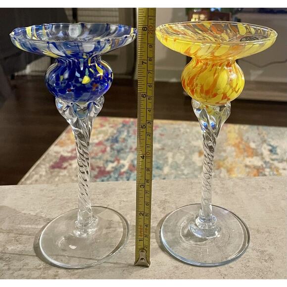 Murano Style Swirled Art Glass Candle Holders, Made in Italy, Set of 2 - Picture 12 of 14